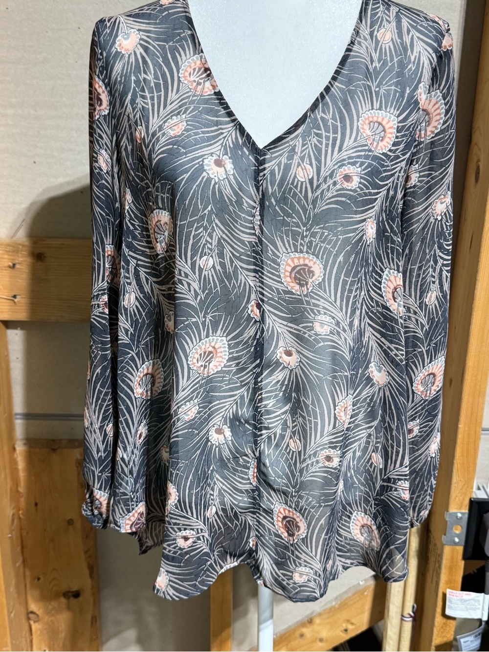 LOFT Gray V-Neck Floral Feather Print Sheer Blouse